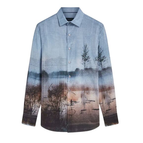 Bugatchi Julian Photoprint Jacquard Shirt Shaped Fit in Chestnut Size XXL - Picture 2 of 6